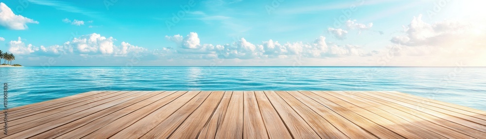 Fototapeta premium Experience the serenity of a tropical escape with this captivating image featuring soft blue gradients fading into the horizon, atmospheric expanse, complemented by a wooden deck inviting you to