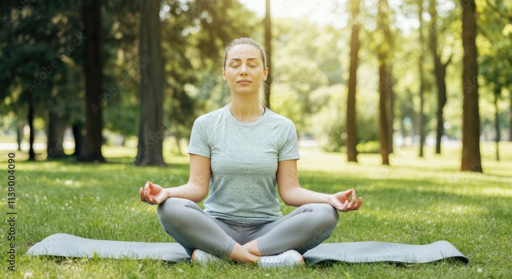 Caucasian woman meditating in sunny park, sitting on yoga mat Caucasian woman meditating in sunny park, sitting on yoga mat