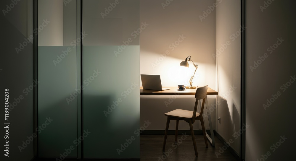 Modern minimalist workspace with desk, chair, and lamp in small office room Modern minimalist workspace with desk, chair, and lamp in small office room