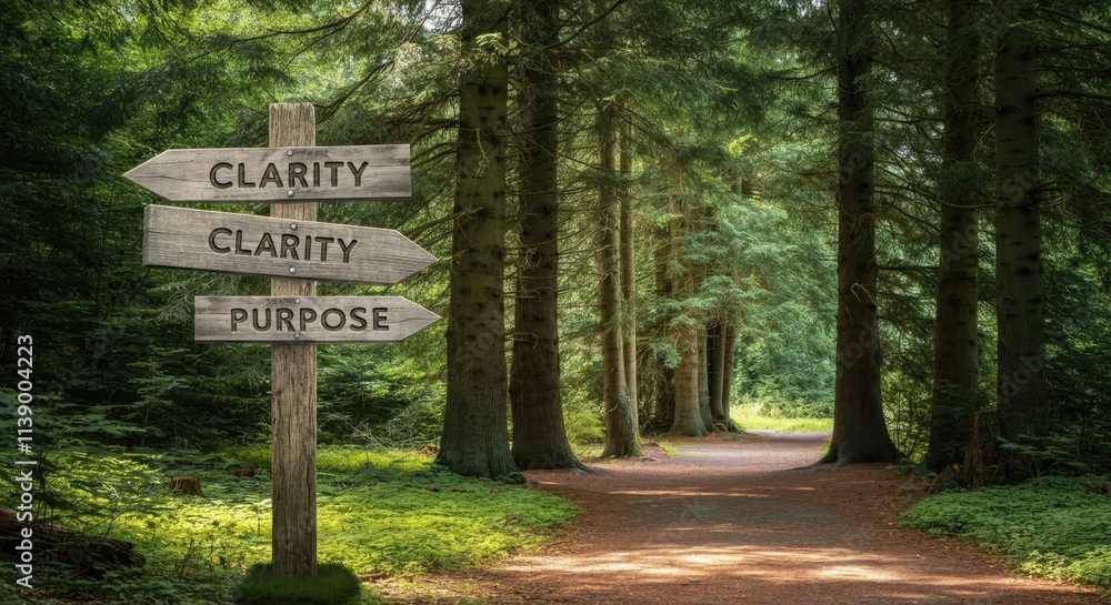 Forest path with signposts pointing to clarity and purpose in wooded area Forest path with signposts pointing to clarity and purpose in wooded area