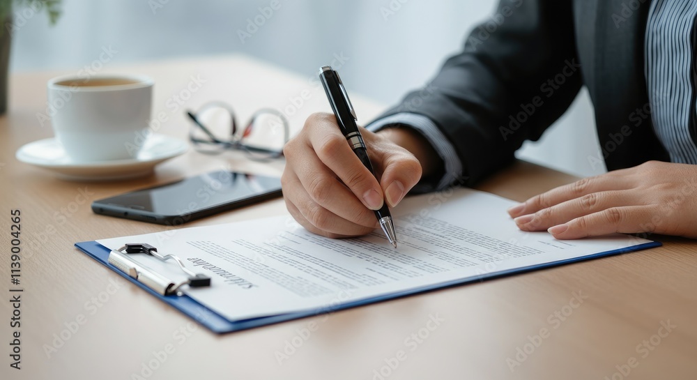 Closely cropped image of person in formal attire writing on document at desk Closely cropped image of person in formal attire writing on document at desk