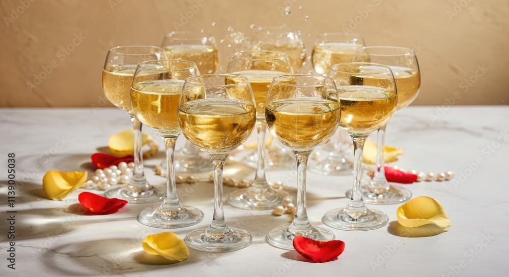 Multiple glasses of champagne surrounded by rose petals and pearls on marble surface Multiple glasses of champagne surrounded by rose petals and pearls on marble surface