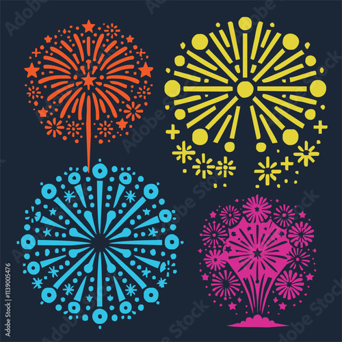 Fireworks with stars and sparks . Festival colorful fireworks. Holiday vector set.