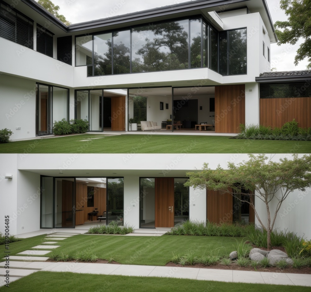 Modern two-story house with large glass windows and landscaped garden. Modern two-story house with large glass windows and landscaped garden.