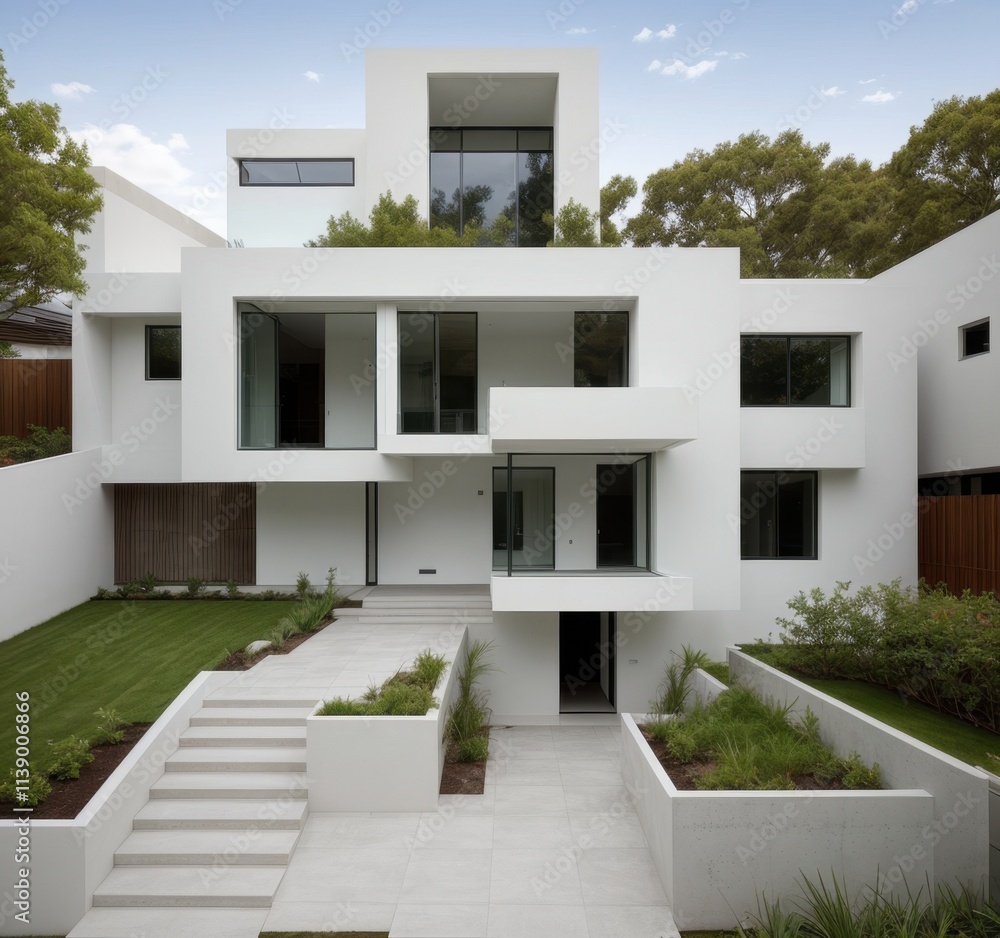 Modern architectural design featuring a white facade and landscaped surroundings. Modern architectural design featuring a white facade and landscaped surroundings.
