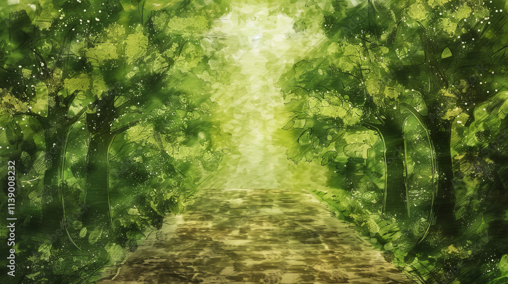 Obraz premium Magical garden path green tunneling trees + sunlight greeting card style oil pastel hand drawn abstract artistic spiritual journey mental health inspirational motivational nature background copy space