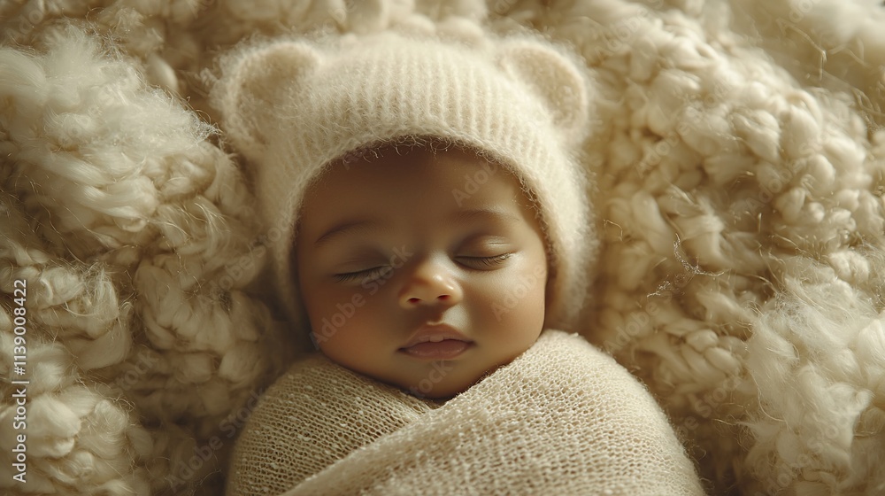 Peaceful sleeping newborn baby girl wearing a knitted bear hat, swaddled in soft blanket. Peaceful sleeping newborn baby girl wearing a knitted bear hat, swaddled in soft blanket.