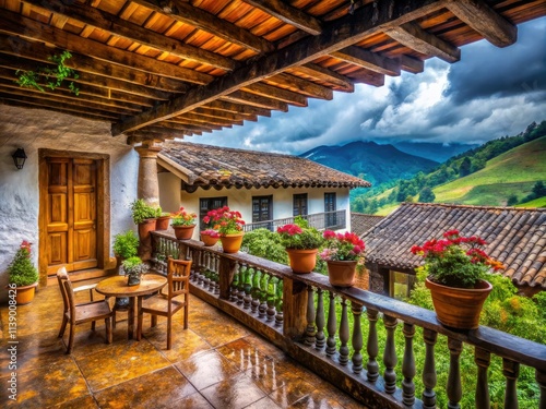 Imbabura's colonial charm: rain-washed farmhouse terrace, Ibarraâ€™s Ecuadorian heritage captured.