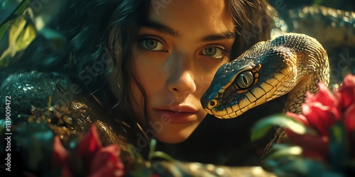Eve and the Serpent in Eden a Divine Encounter of Temptation in Garden of Paradise, Biblical Old Testament Depiction