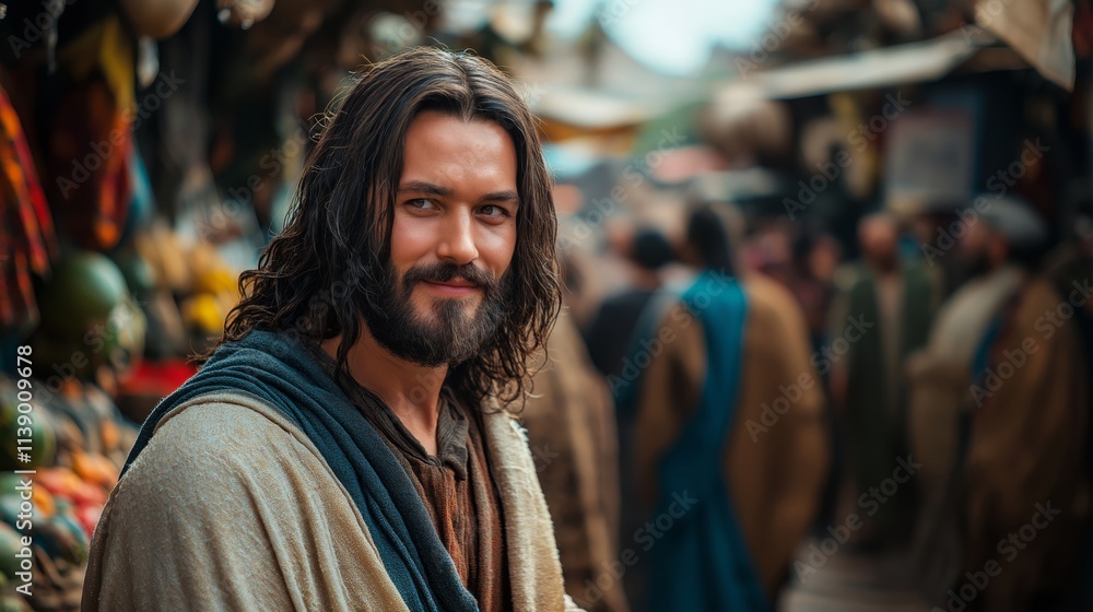 Jesus in Lively 1st Century Jerusalem Market with Vibrant Colors and Expressions of Joy, Copy Space Jesus in Lively 1st Century Jerusalem Market with Vibrant Colors and Expressions of Joy, Copy Space