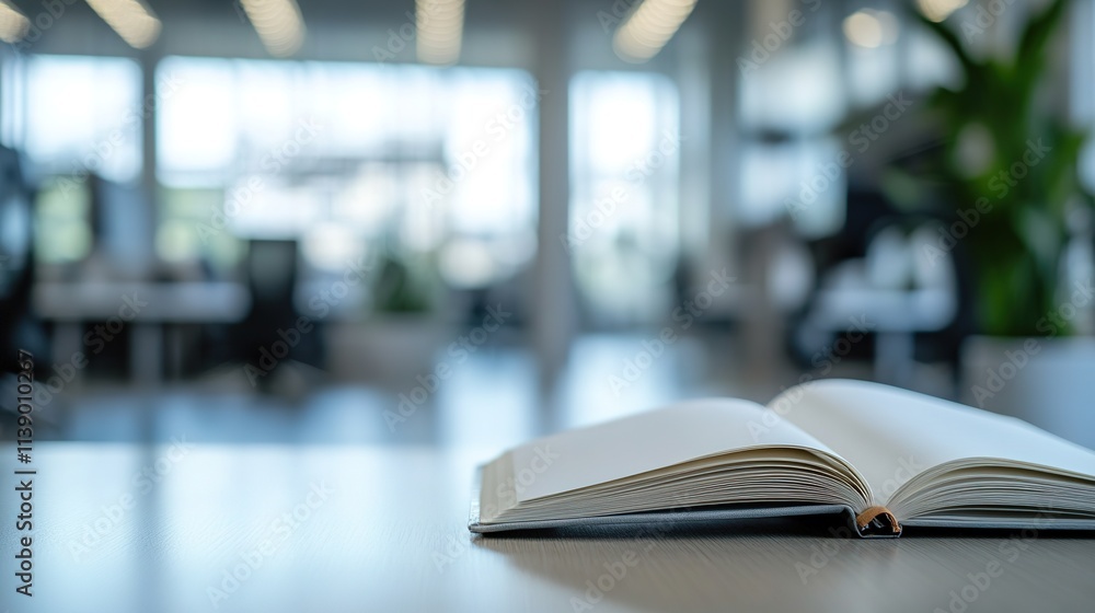 Open book on office table, focus on spine, blurred background Open book on office table, focus on spine, blurred background