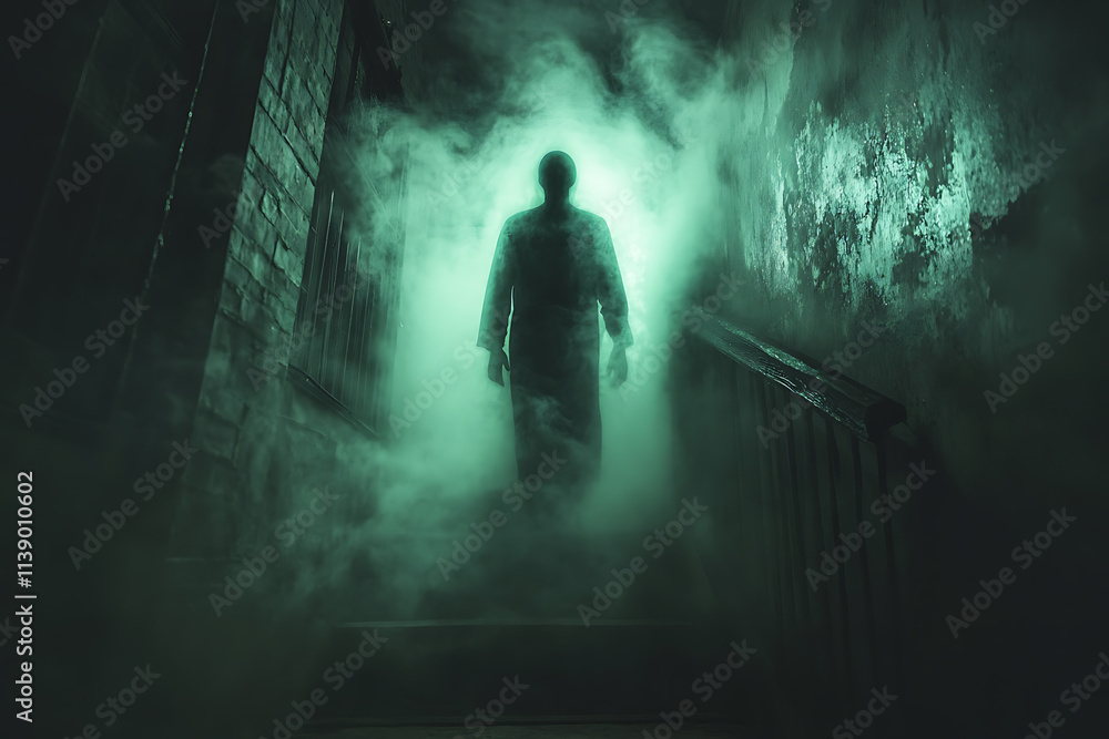 Ghostly Figure Emerging from Green Fog in Dark, Deserted Stairwell Ghostly Figure Emerging from Green Fog in Dark, Deserted Stairwell