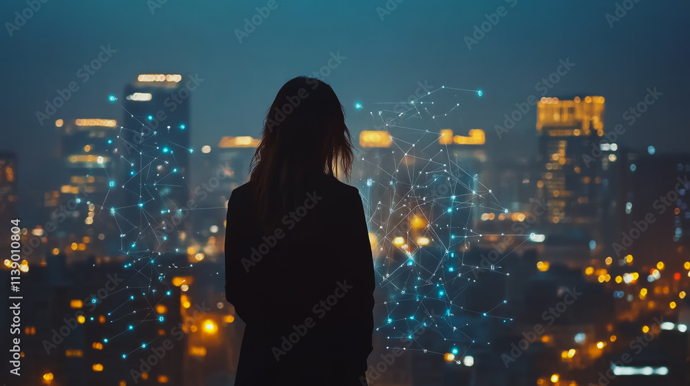 Fototapeta premium Abstract businesswoman stands on the peak of success Smart digital city with connection cyber security network reciprocity over the cityscape future wireless digital city and social media networking