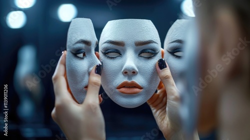 Emotional disguise: personal masks, emotional states, person evaluates expressions, psychological roles, reflecting on choice genuine feelings, pretended emotions, internal conflict, self-perception. photo