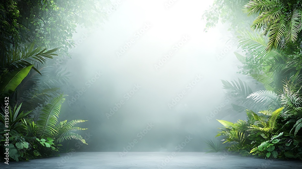 Obraz premium Lush foggy jungle scene serene nature photography of an enchanted forest viewpoint