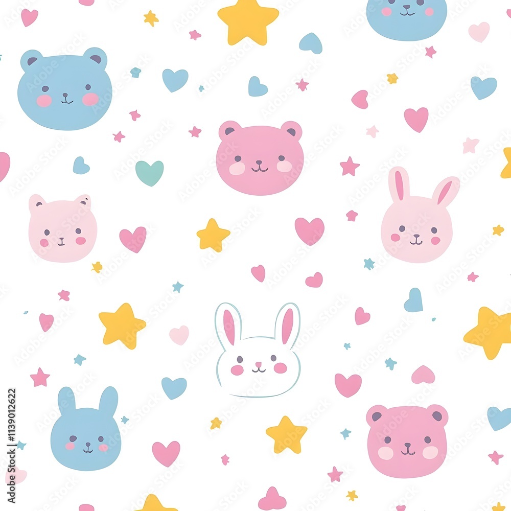 Cute Animal Pattern: Pastel Bunnies, Stars, and Hearts in a Cheerful and Playful Design, Adorable Animal Faces with Colorful Hearts and Stars in a Seamless Pattern Cute Animal Pattern: Pastel Bunnies, Stars, and Hearts in a Cheerful and Playful Design, Adorable Animal Faces with Colorful Hearts and Stars in a Seamless Pattern