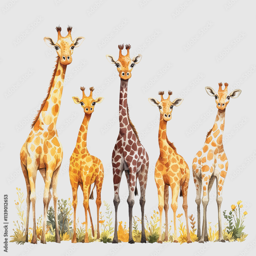 Obraz premium Giraffe Herd Grazing in Open Savannah Landscape Wild Animals Natural Habitat Majestic Tall Creatures Wildlife Conservation Scenic Photography Nature Outdoor Adventure