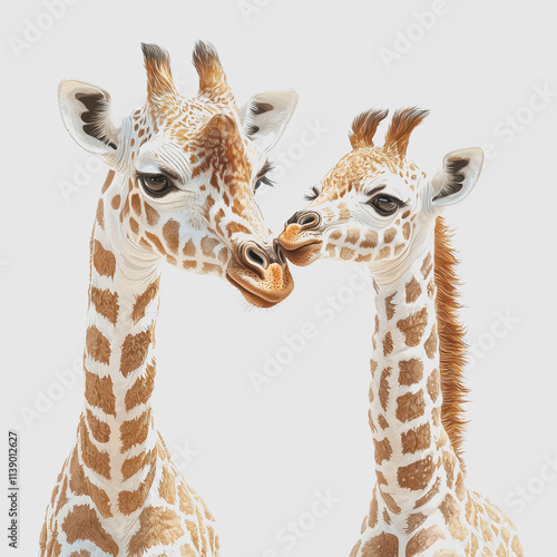 Giraffe and Baby Giraffe Touching Each Other in Natural Habitat Soft Lighting Beautiful Composition Wildlife Photography Captivating Connection Nature Love Tender Moment Emotional Bond photo