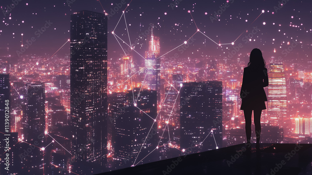 Abstract businesswoman stands on the peak of success Smart digital city with connection cyber security network reciprocity over the cityscape future wireless digital city and social media networking Abstract businesswoman stands on the peak of success Smart digital city with connection cyber security network reciprocity over the cityscape future wireless digital city and social media networking
