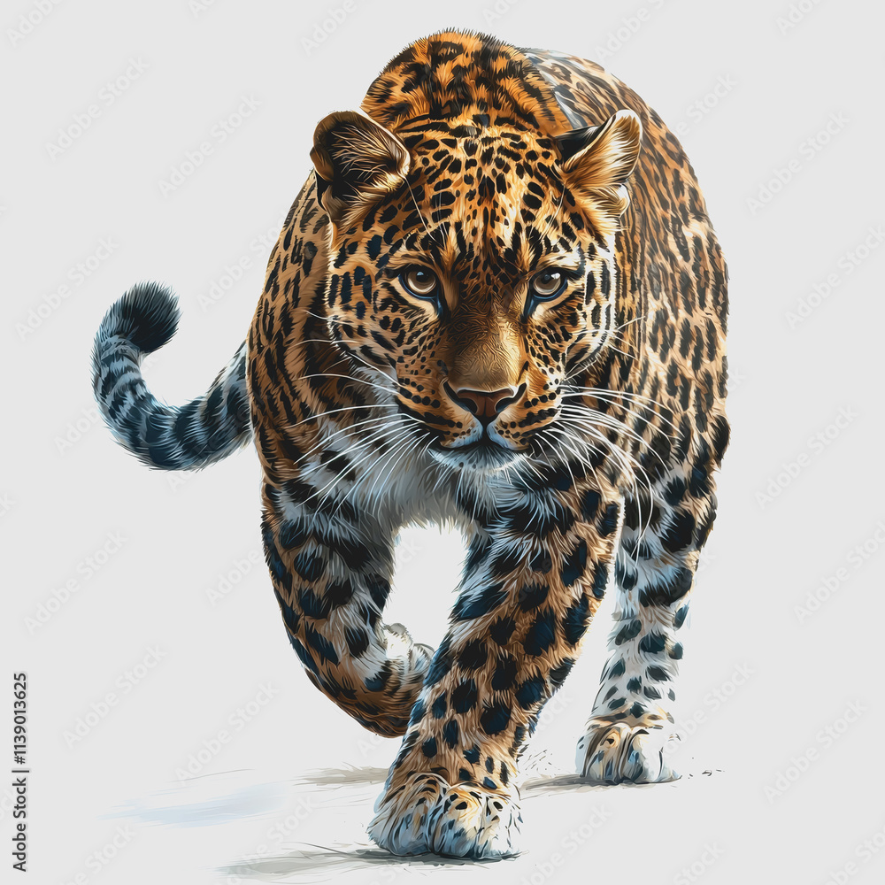 Obraz premium Leopard Hunting Majestic Wildlife Painting of Leopard Walking on White Background Capturing Natural Beauty and Graceful Movement in Creative Artistic Style for Home and Office Decor