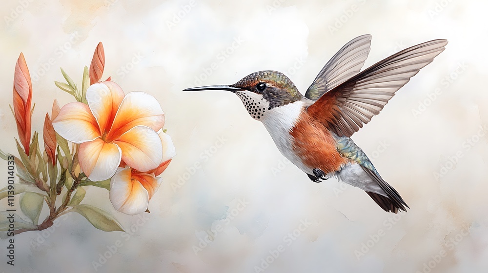 Naklejka premium Serene atmosphere hummingbird feeding on tropical flowers in an exotic garden close-up