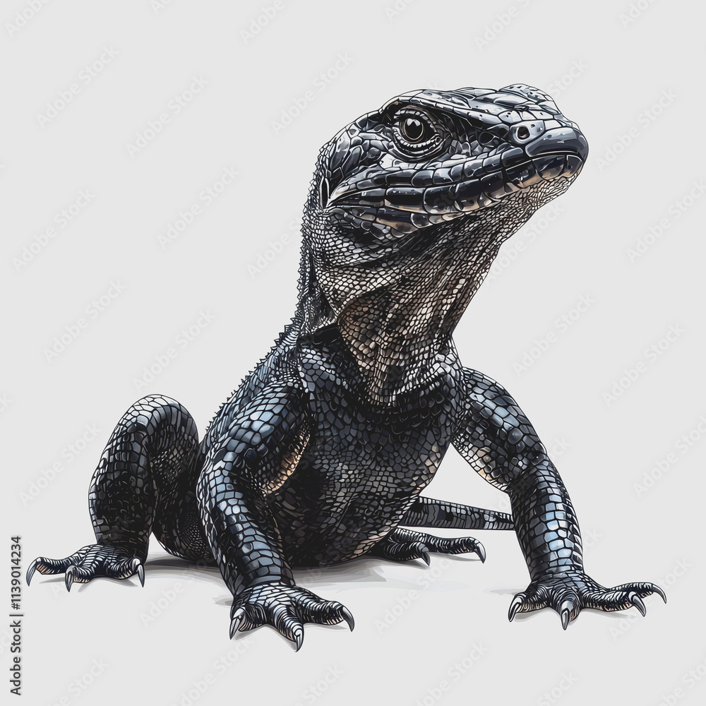 Fototapeta premium Monitor Lizard Sitting on Ground in Natural Habitat with Detailed Texture and Bold Colors Showcasing Wildlife in Nature Photography for Stock and Commercial Use