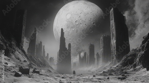 A desolate landscape of monochrome ruins under a massive moon, evoking feelings of mystery and isolation. AI generated. photo