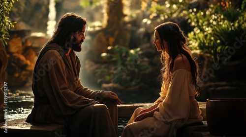 Jesus Speaks to the Samaritan Woman at the Well, Biblical New Testament Depiction photo