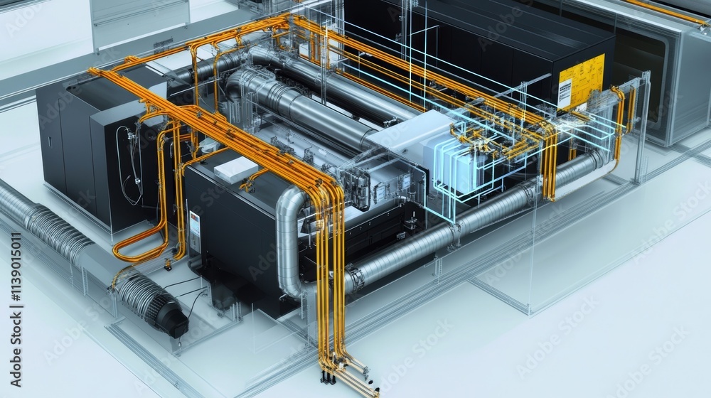 The inner workings of an energyefficient HVAC system showcasing insulated ducting and advanced electrical connections capturing the essence of temperature control in production areas. The inner workings of an energyefficient HVAC system showcasing insulated ducting and advanced electrical connections capturing the essence of temperature control in production areas.
