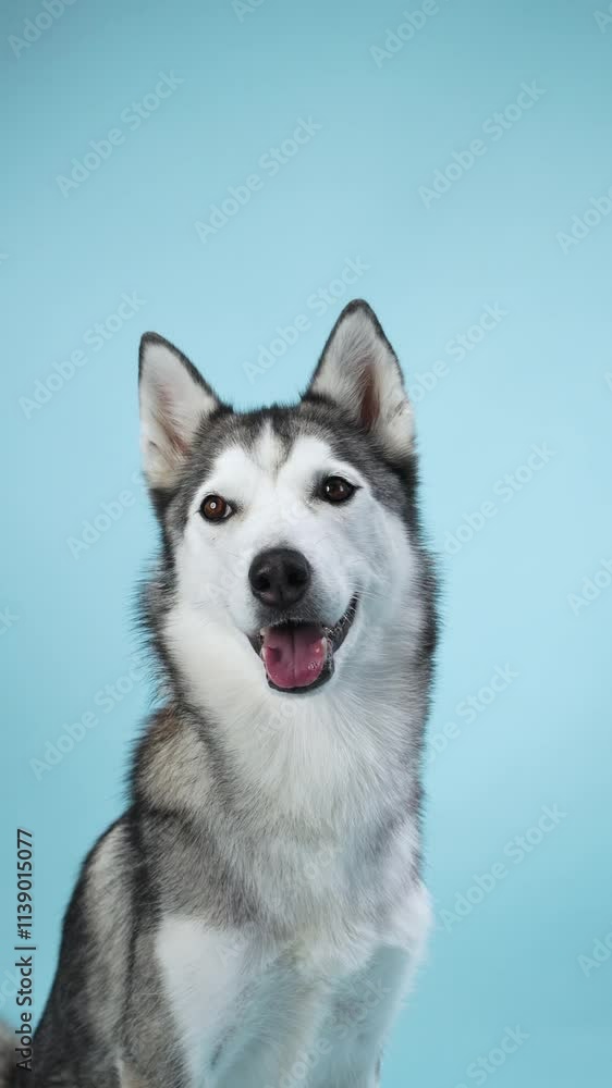 Portrait of a Siberian Husky against a light blue background. The dog appears relaxed and happy, with a gentle expression. Portrait of a Siberian Husky against a light blue background. The dog appears relaxed and happy, with a gentle expression.