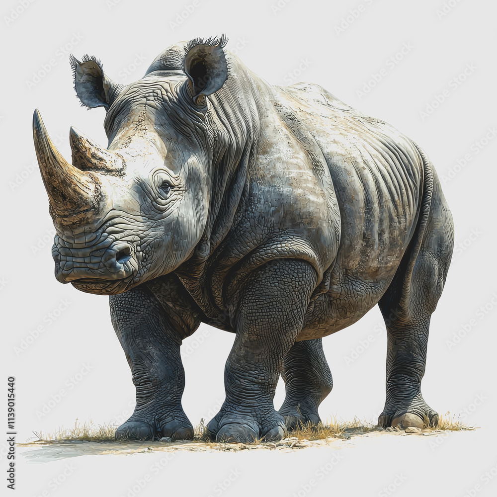 Fototapeta premium Rhino Charge Majestic African Rhino Standing in Lush Grassland Captured with Natural Lighting Vibrant Colors and Dynamic Composition in Wildlife Photography for Conservation Awareness