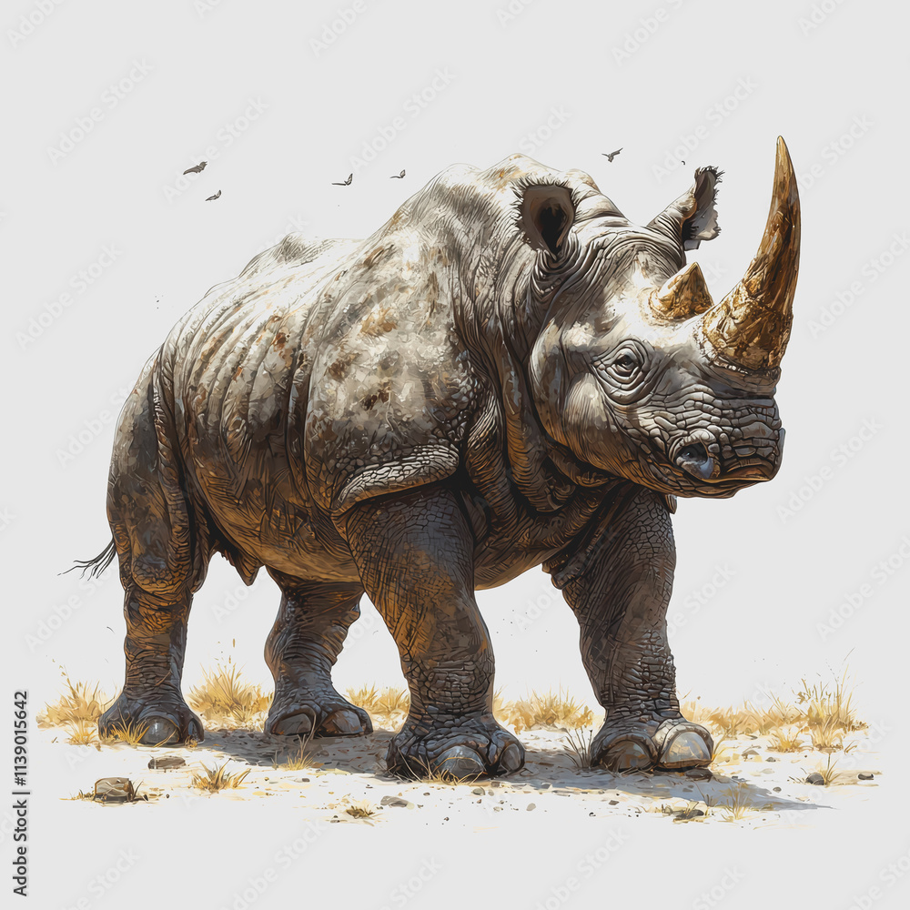 Fototapeta premium Rhino Charge Majestic Rhino Standing in the Sand Desert Landscape Wildlife Nature Conservation Safari Animal Behavior Powerful Sturdy Presence Natural Habitat Endangered Species Wildlife Photo