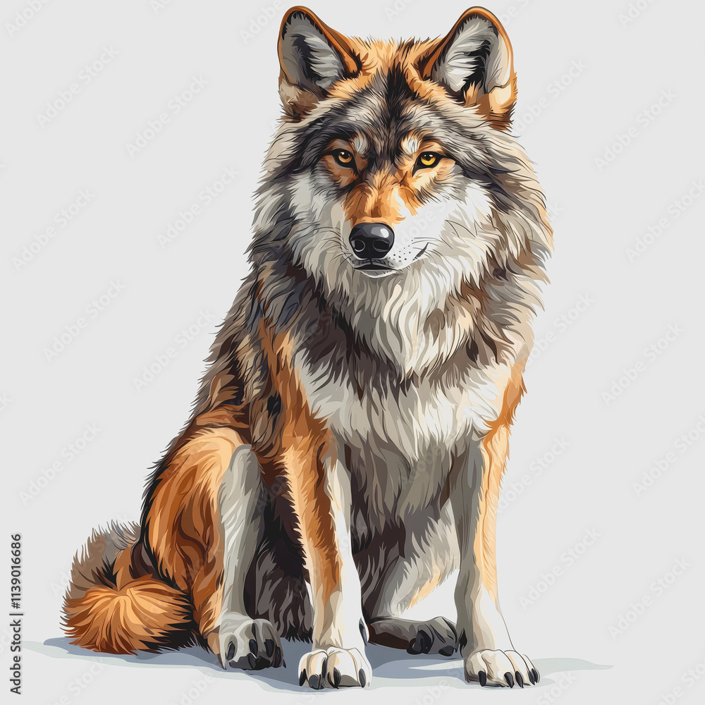 Fototapeta premium Stunning Artistic Drawing of a Wolf Sitting Down in Nature with Detailed Fur Texture and Captivating Expression Perfect for Wildlife and Animal Enthusiasts and Stock Photography Lovers