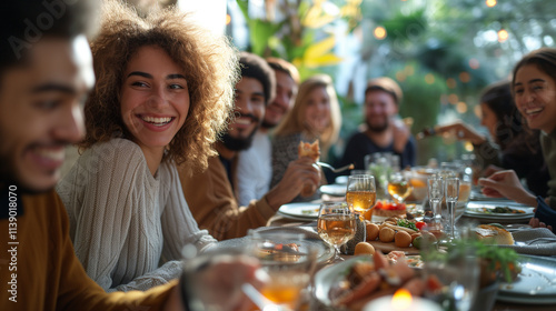 Joyful Gathering: Friends Sharing Delicious Food and Endless Laughter at a Warm Evening Dinner