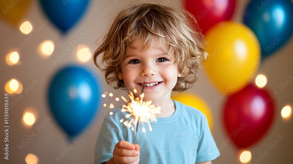Happy toddler boy holding a sparkler at birthday party. Happy toddler boy holding a sparkler at birthday party.