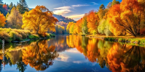 Serene autumn river, vibrant foliage mirrored in tranquil waters.