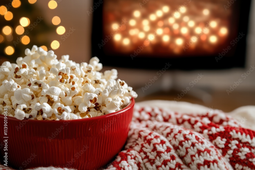 Cozy Living Room Scene with Popcorn and Blurred Christmas Lights Cozy Living Room Scene with Popcorn and Blurred Christmas Lights