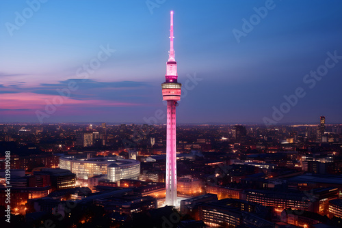 The Intersection of Past and Present - A Spectacular View of London's BT Tower Amidst Sunset Skyline photo