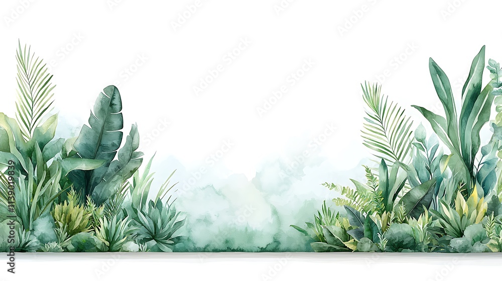 Fototapeta premium Lush tropical plants vibrant nature watercolor art serene environment artistic viewpoint