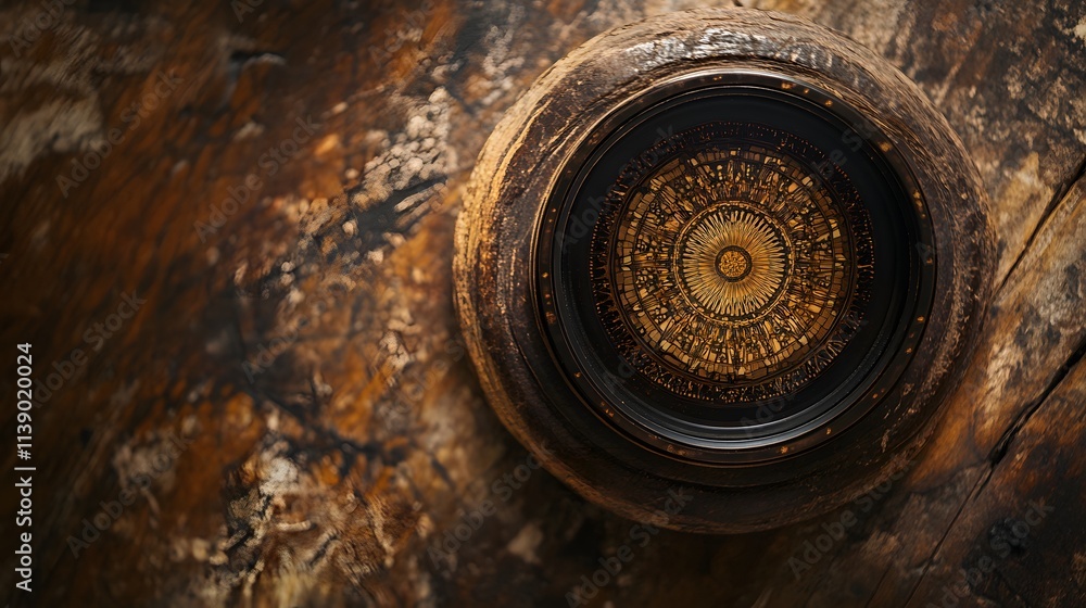 Intricate Circular Design Within Aged Wooden Vessel Intricate Circular Design Within Aged Wooden Vessel