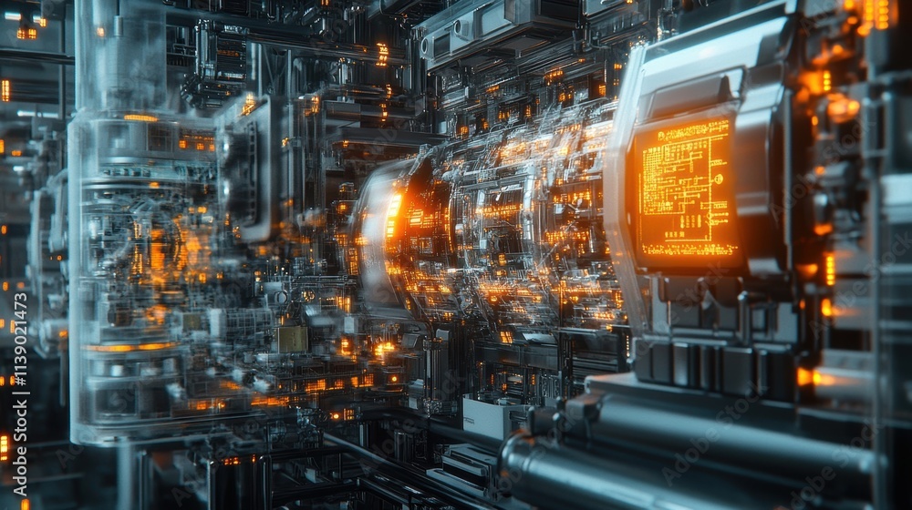 An image focusing on the complex interior of a connected industrial machine with glowing LED indicators and various IoT modules showcasing realtime data processing through seamless An image focusing on the complex interior of a connected industrial machine with glowing LED indicators and various IoT modules showcasing realtime data processing through seamless