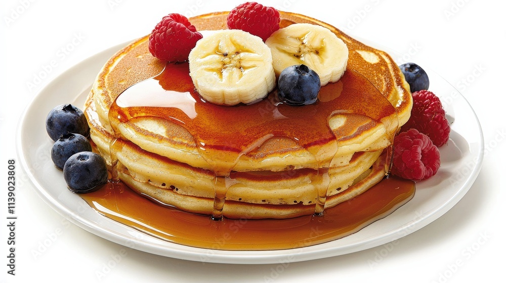 A stack of golden-brown banana pancakes drizzled with maple syrup and topped with banana slices and berries A stack of golden-brown banana pancakes drizzled with maple syrup and topped with banana slices and berries