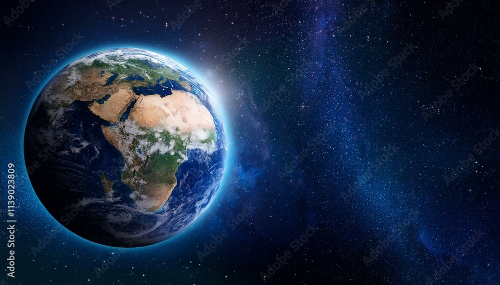Stunning view of Earth from space, showcasing its vibrant continents and swirling clouds against a backdrop of twinkling stars. Stunning view of Earth from space, showcasing its vibrant continents and swirling clouds against a backdrop of twinkling stars.