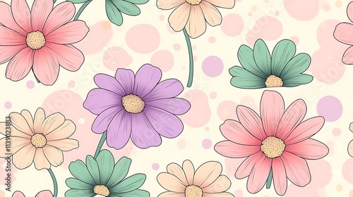 A playful pattern of simple hand-drawn flowers in pastel shades of green, pink, and lavender, scattered across a background with soft pastel polka dots, cheerful and fresh aesthetic, hd quality,