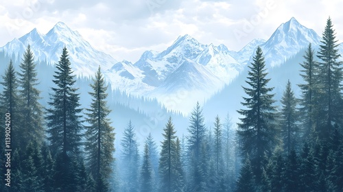 Dense pine tree with the background of a mountain. A view of dense pine trees set against towering mountains.