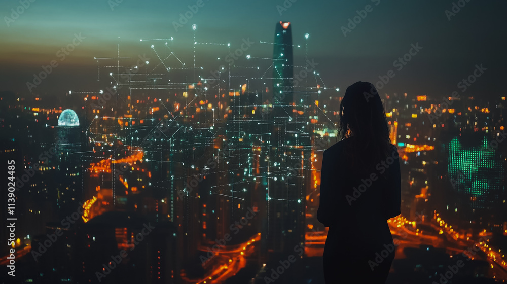 Abstract businesswoman stands on the peak of success Smart digital city with connection cyber security network reciprocity over the cityscape future wireless digital city and social media networking Abstract businesswoman stands on the peak of success Smart digital city with connection cyber security network reciprocity over the cityscape future wireless digital city and social media networking