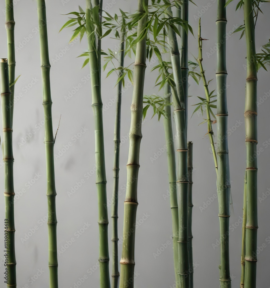 Obraz premium A dramatic shot of multiple bamboo stalks with varying heights on a dark white or grayish-white background, natural, contrasting colors, tall