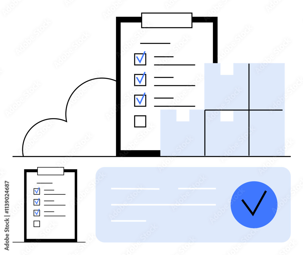 Clipboard with checklist and blue checkmarks, stacked boxes, large ...
