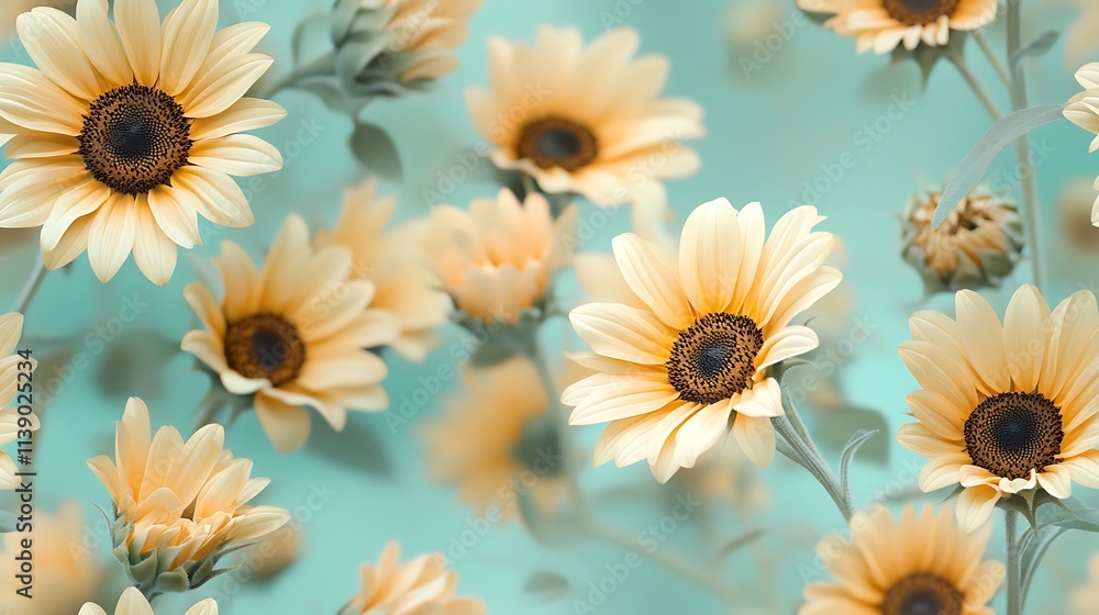 Obraz premium A soft, dreamy composition of sunflowers with glowing golden petals and deep brown centers, set against a pastel mint green background, hd quality, serene and elegant floral concept. --ar 16:9 --tile