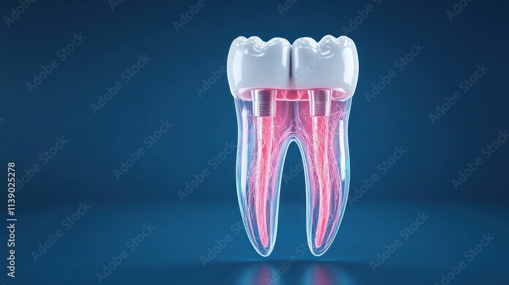 3D illustration of a tooth with visible roots and nerves. 3D illustration of a tooth with visible roots and nerves.